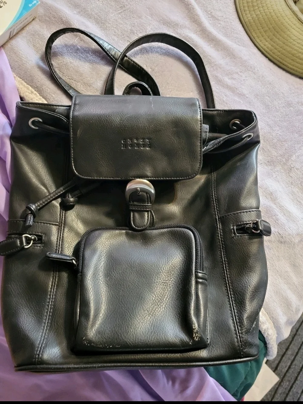 Black Leather Crazy Horse Drawstring Backpack - Vintage Style